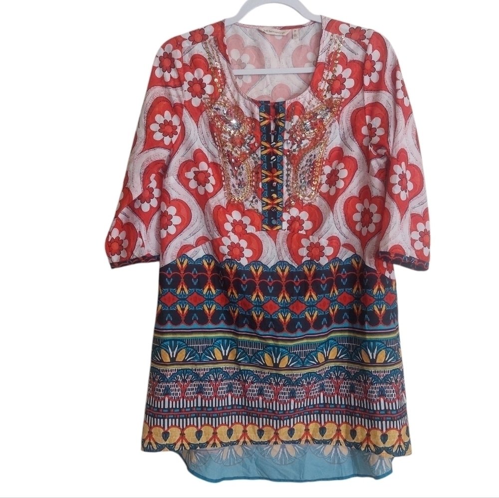 Soft Surroundings Red Beaded Seychelles Boho Tunic Top- size XS